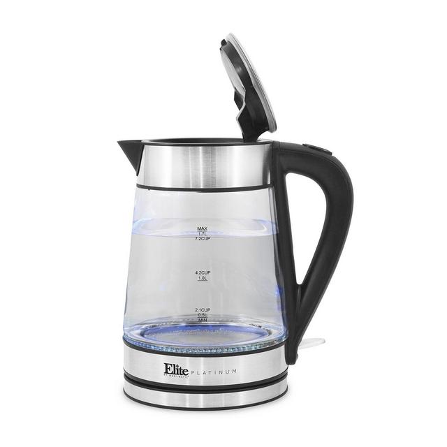 Elite Platinum Cordless 1.7L Glass Kettle, Stainless Steel Accents