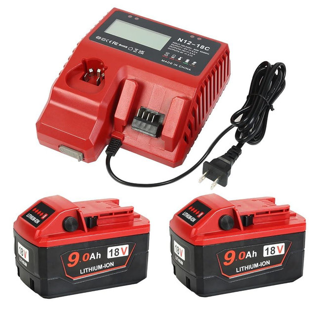 2 Pack 18V 9.0 Ah Batteries Replacement for Milwaukee m18 Battery + 48-59-1812 M-18 Charger kit LCD Display USB Port