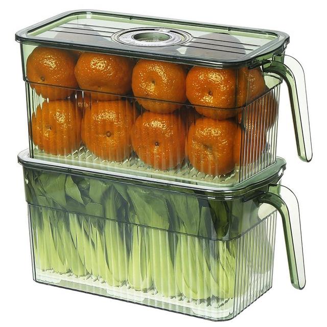 loobuu Produce Saver Containers for Refrigerator - 2 Pack Stackable Food Storage Container for Fridge, Berry Keeper Boxes with Removable Drain Tray Keep Fresh for Vegetables, Fruit,Meat &Salad(Green)