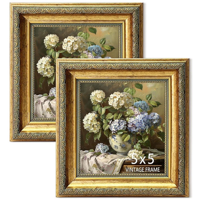ASTRDECOR 5x5 Picture Frame, Ornate Vintage Gold Photo Frames with HD Glass for Wall Decor or Tabletop Display, Antique 5 x 5 photo frame with Distressed Rust-Like Finish, Retro Home Decor, 2 Pack