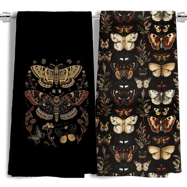 LUKIPOM Moody Gothic Kitchen Towels, Rustic Floral Moth Dish Tea Towels for Kitchen, Dark Cottagecore Botanical Hand Towels for Bathroom, Moody Gothic Bathroom Decor, 16x24 Inches