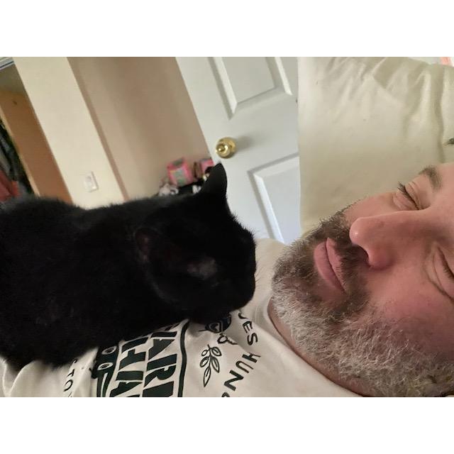 First time Julia's cat Gia has ever touched another human willingly. She fully approved and is now in love with him. It's beautifully shocking even day.