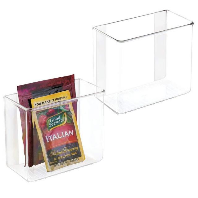 mDesign Plastic Adhesive Wall Mount Kitchen Pantry, Cabinet Storage Organizer for Food Pouches, Spice Packets, Recipes - 2 Pack - Clear