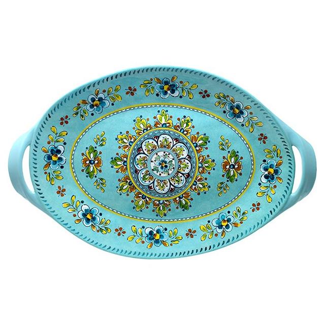 Le Cadeaux Melamine 18 inch Two Handled Oval Platter, Madrid Turquoise