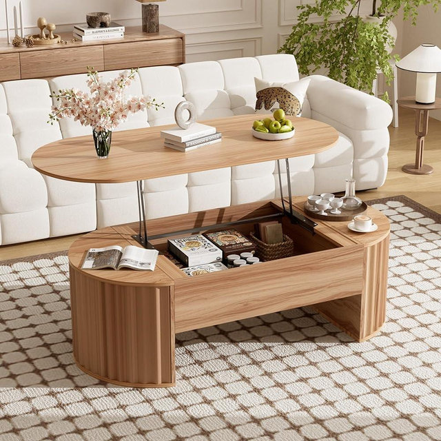 SPMETUYO Oval Coffee Table with Lifting Top for Living Room Lift Up Coffee Table with Storage Modern Smart Coffee Tables with Adjustable Lift Table Top Fluted Wooden Center Tables Light Brown 47.2"