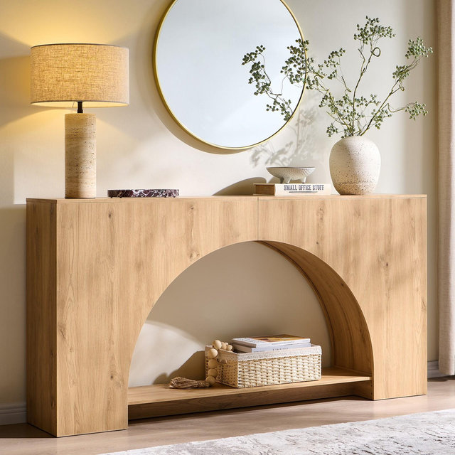 Console Table with Arched Open Shelf, 63" Modern Console Table with Storage, Narrow Console Table for Entryway Living Room, Natural