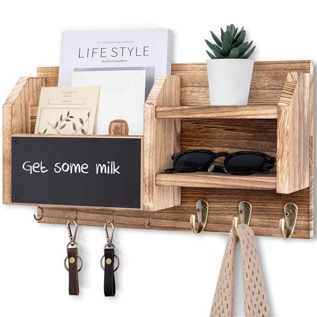 Lwenki Mail and Key Holder – Wall Mount Key Hanger with Shelf and 7 Metal Hooks – Decorative Natural Paulownia Wood Entryway Organizer with Mounting Hardware (16.5”W x 8.7”H x 3.5”D) (Wood)