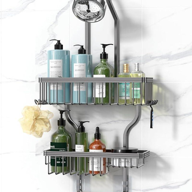 YASONIC Shower Caddy Hanging - Never Rust Shower Organizer - Aluminum over The shower head caddy with 10 Hooks for Razor/Sponge - Shower Rack with Soap Basket - Grey