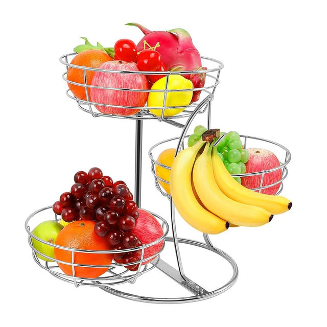 Livabber Fruit Basket Bowl with Banana Hanger, Fruit Vegetable Storage Basket with Banana Tree Holder for Kitchen Counter, Detachable Organizer for Bread Snack Produce (Chrome, 3-Tier Metal Base)