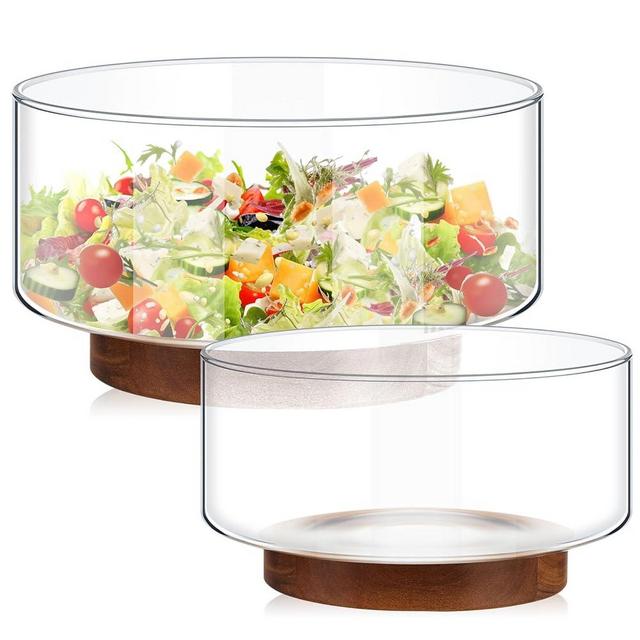 Domensi 2 Pcs 125 oz and 57 oz Salad Bowl Set Glass Salad Bowl with Acacia Wood Base Fruit Bowls Popcorn Bowl Salad Serving Bowl Salad Container for Kitchen Chips Pasta Snack Dessert