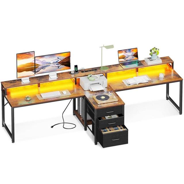 Coleshome 94" Computer Desk with Fabric Drawer & File Cabinet- 2 Person Home Office Desk with Power Outlet & LED Light, Long Writing Desk with Monitor Stand, Storage Shelves, Study/Work Table, Vintage