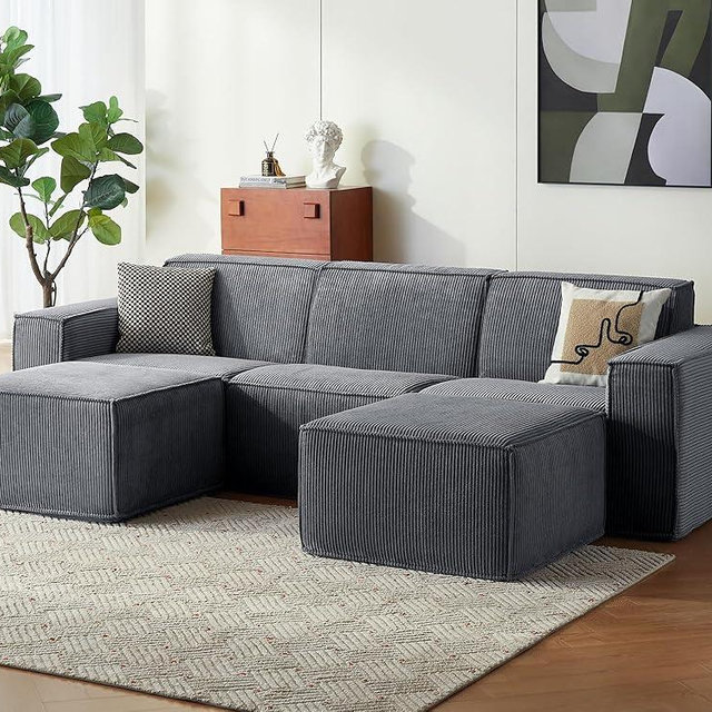 LINSY HOME Oversized Deep Modular Sectional Sofa, Cloud Couch U Shaped 3-Seat Sofa with 2 Ottomans, Corduroy Sectional Couches for Living Room, No Assembly Required, Bluish Grey