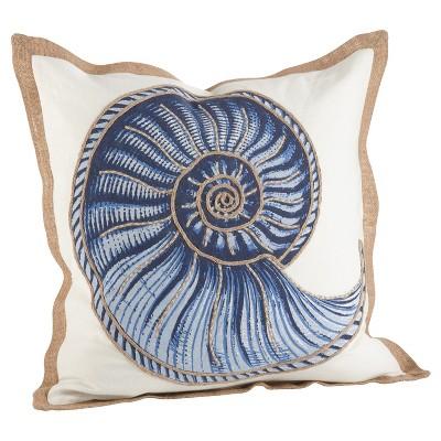 Navy Blue Spiral Shell Print Cotton Throw Pillow (20") - Saro Lifestyle®