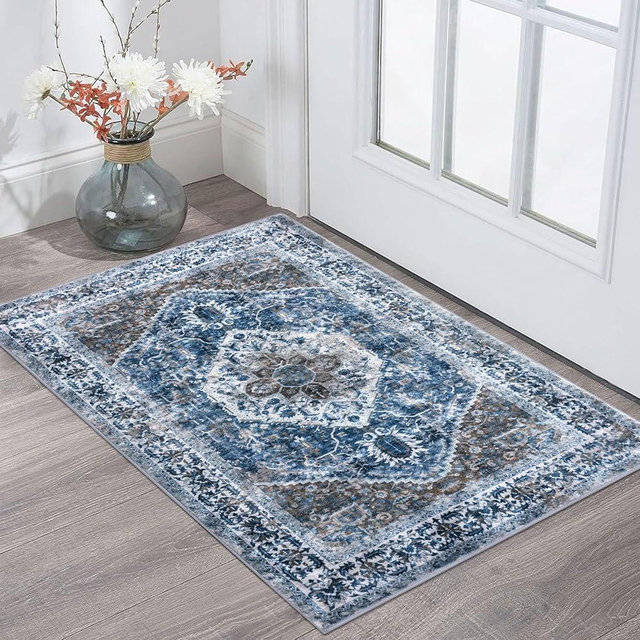 KOZYFLY Small Area Rug 2x3 Ft Rugs for Entryway Washable Boho Entry Rug Non Slip Door Mat Indoor Entrance Blue Printed Faux Wool Vintage Printed Kitchen Rug Throw Rugs for Entrance Kitchen Bathroom