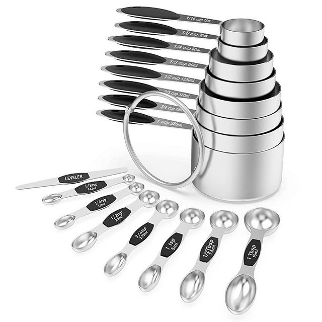 Measuring Cups & Magnetic Measuring Spoons, Wildone 16Pc Stainless Steel Measuring Cups Set, 8 Measuring Cups & 7 Double-Sided Magnetic Measuring Spoons Stackable & 1 Leveler (Black)