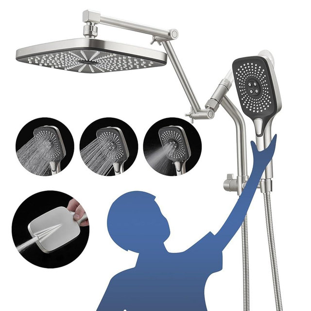 Psylc 12" High Pressure Rain/Rainfall Shower Heads With Handheld Spray Combo (3+1 Settings & Built-in Power Wash Mode), Double/Dual Shower Head With Handheld - Height/Angle Adjustable(Brushed Nickel)