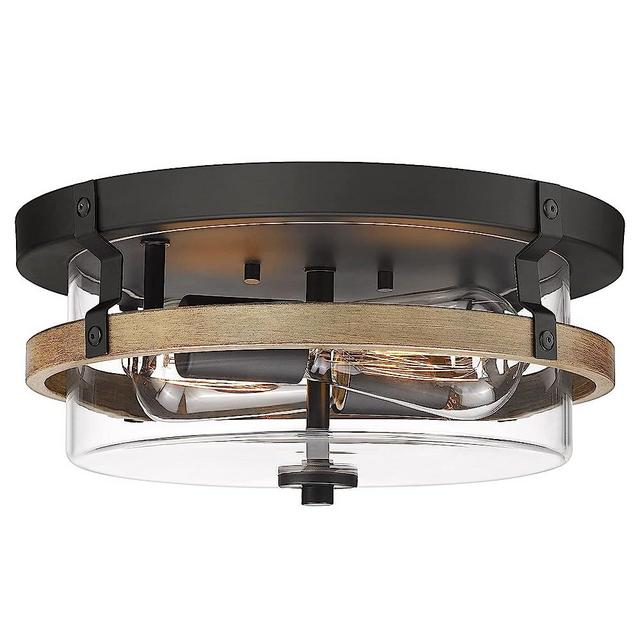 EAPUDUN Farmhouse Ceiling Light, Wooden Flush Mount Ceiling Light Fixtures with Clear Glass Shade, Retro 2-Light Ceiling Lamp for Hallway Entryway Bedroom Kitchen Dining Room FMA1443-FBDT