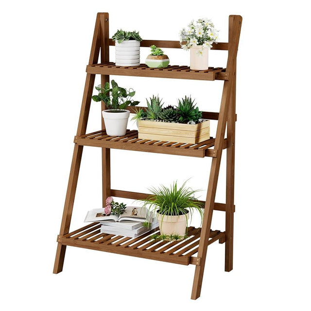 Bamboo Ladder Shelf Plant Shelf, 3 Tier Foldable Ladder Flower Pot Display Shelf Rack, Freestanding Ladder Bookshelf for Garden, Balcony, Yard, Patio, Lawn, Living Room, 23.6"W x 15"D x 39.4"H, Walnut