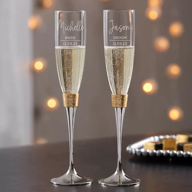 Modern Gold Hammered Engraved Wedding Champagne Flute Set