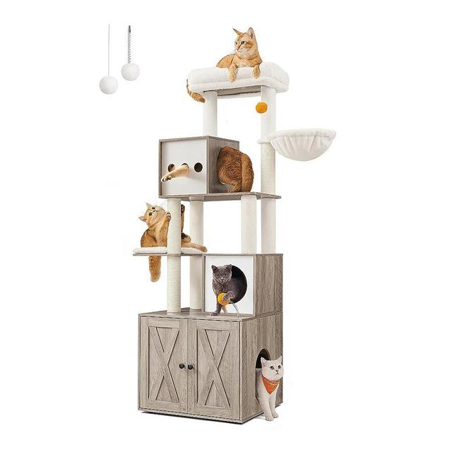 Feandrea Cat Tree with Litter Box Enclosure, 2-in-1 Modern Cat Tower, 72.8-Inch Tall Cat Condo with Scratching Posts, Perch, Caves, Basket, Washable Cushions, Heather Greige UPCT116G01