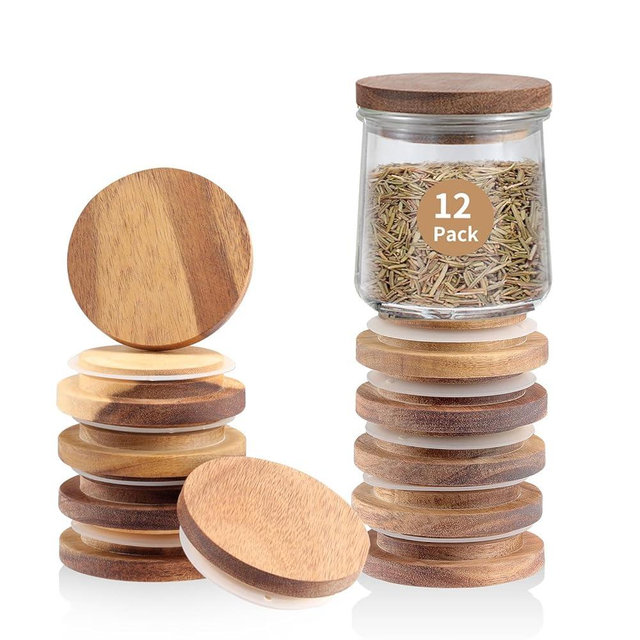 VOLCANOES CLUB Oui Yogurt Jar Lids | 12 Pack Natural Wooden Lids for Oui Yogurt Jars with Silicone Sealing Rings | Lids Only | Perfect Airtight Storage For 5 Oz Oui Yogurt Glass Jars with Bottle Label