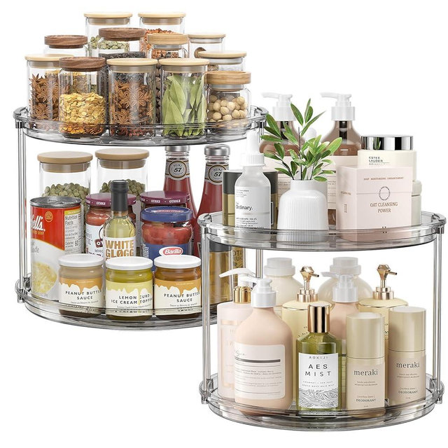 LAMU 2Pack 2 Tier Lazy Susan Organizer 12 inch Large Lazy Susan Turntable Rotating Spice Rack Organization for Cabinet, Kitchen, Pantry, Countertop, Bathroom, Vanity, Medicine Cabinet Organizer, Grey
