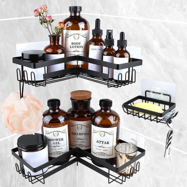 YEVONNIE Corner Adhesive Shower Caddy, with Soap Holder and 12 Hooks, Rustproof Stainless Steel Bathroom Organizer, No Drilling Wall Mounted Rack, Black, 3-Pack
