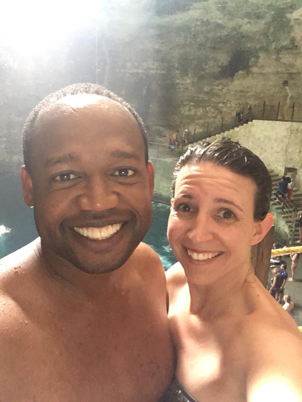 At a Cenote near Cancun. Zeke got in despite the super-cold water. There were fish and birds all over the place!