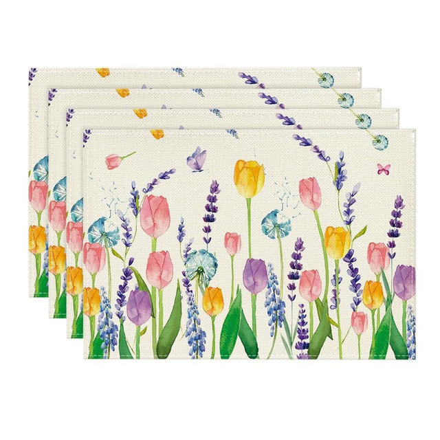 Artoid Mode Lavender Tulip Spring Placemats for Dining Table, 12 x 18 Inch Summer Seasonal Holiday Decoration Rustic Vintage Washable Table Mats Set of 4