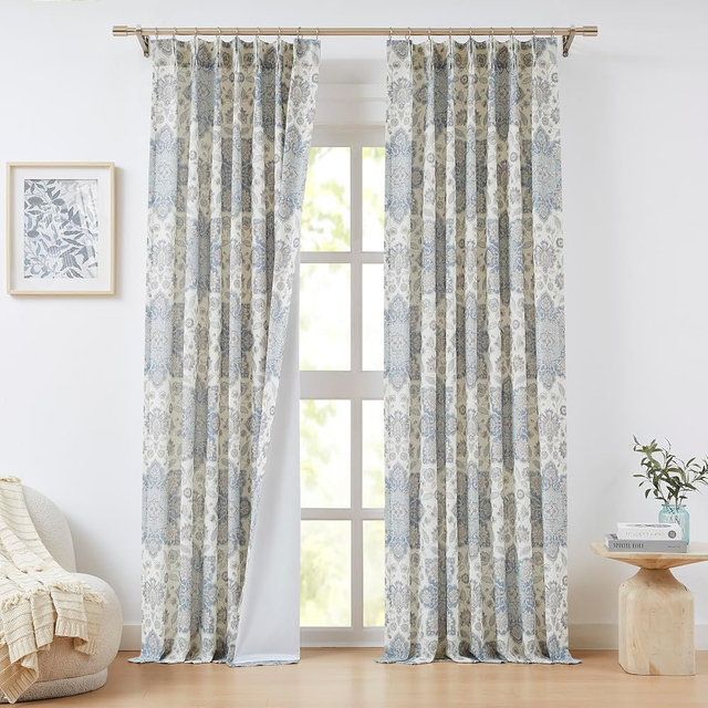 Navy Blue Floral Print Pinch Pleated Light Filtering Curtains with Microfiber Liner Linen Blended Textured Vintage Medallion Botanical Print Privacy Drapes for Bedroom Living Room, 40" Wx95" Lx2
