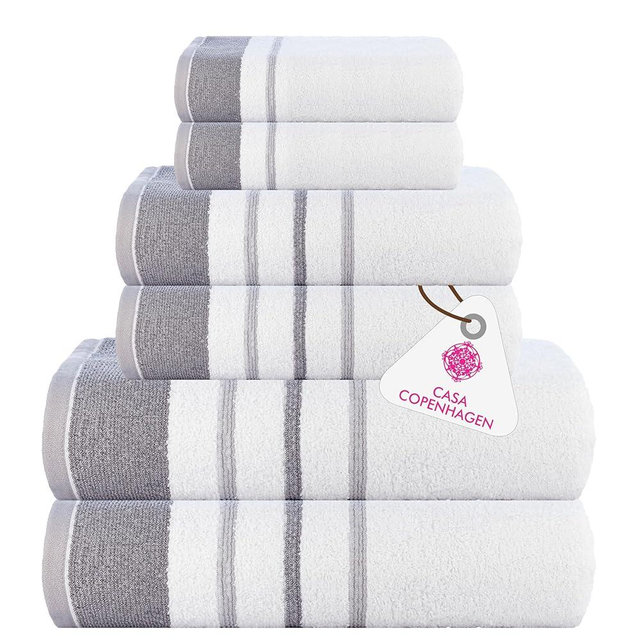 CASA COPENHAGEN White Bay, 6 Pieces Towel Set- White with Dark Grey and Light Grey Border, 600 GSM, 2Bath, 2Hand, 2Washcloths Egyptian Cotton Towel for Hotel Spa Kitchen Bathroom Kitchen & Shower
