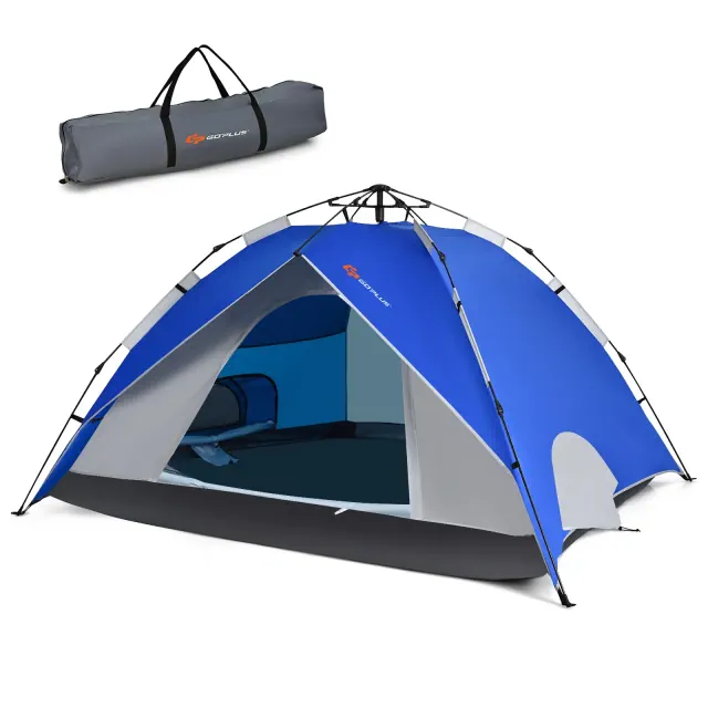 Costway 4 Person Instant Pop-up Camping Tent 2-in-1 Double-Layer Waterproof Tent Blue