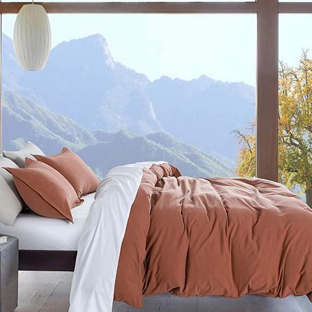 Stone Washed Cotton Casual Duvet Cover Set Solid Color Relaxed Modern Style Bedding Natural Wrinkled Lived-in Look (Clay, Queen)