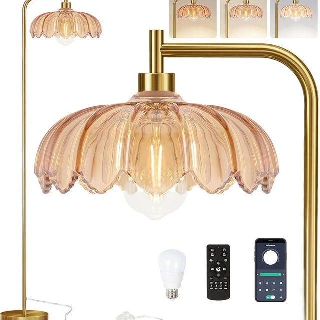 QIYIZM Brass Dimmable Floor Lamp Gold Glass,Tall Lamp Mid Century Modern Retro Standing Lamp with Remote Green Floor Light Lamp Boho Vintage Bohemian Bedroom