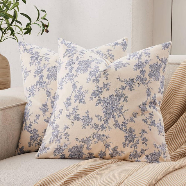 YZJZEDS 100% Cotton French Pastoral Throw Pillow Covers Set of 2, 22x22 Inch Double Sided/Blue, Farmhouse Decorative Cushion Covers for Sofa Bed Living Room Home Decor