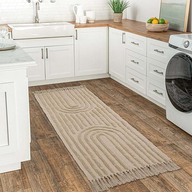 LEEVAN Boho Runner Rug 2'x5' Washable Woven Bedroom Rug Tan Cotton Farmhouse Kitchen Rugs with Tassels Bohemian Rainbow Bedside Rug for Bathroom/Laundry Room/Living Room Accent Rug