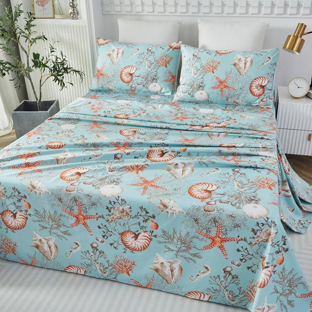 Brandream Luxury Nautical Bedding Queen Size Sheets Set Egyptian Cotton Coastal Beach Bed Sheet Set Deep Pockets 18 Inch 4-Piece Bed Sheets