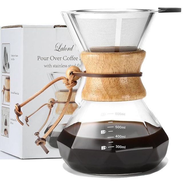 Lalord Pour Over Coffee Maker with Stainless Steel Filter, 20 oz Borosilicate Glass Coffee Carafe, Wooden Collar, Coffee Maker Carafe, Hold 3-4 Cups, 600 ml, Clear