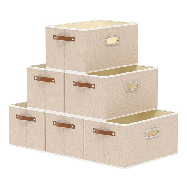 Yawinhe Foldable Storage Baskets for Shelves, Fabric Closet Organizers, Bins with 3 Handles, Cubes for Clothes, Beige, 15''Lx9.8''Wx8.3''H, 6-Pack