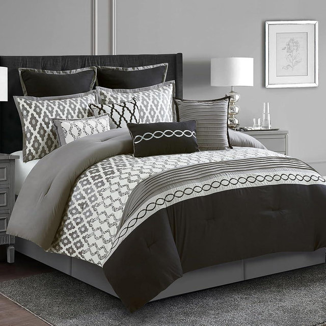 LANCO MODERN LIFESTYLE King Size Comforter Set, Black, 10 Piece Bed in a Bag for All Seasons, Luxury Extreme Comfort Bedding Sets with Bedskirt, Pillow Shams, Euro Shams and Decor Pillows