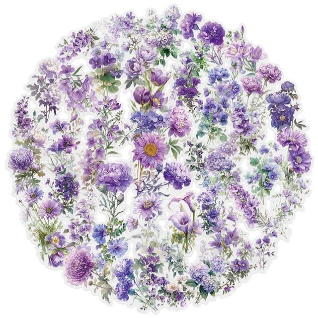 50pcs Purple Flower Stickers for Scrapbooking - Waterproof Transparent Floral Botanical Sticker for Journaling, Crafts, Art Projects, Glass Potion Bottles