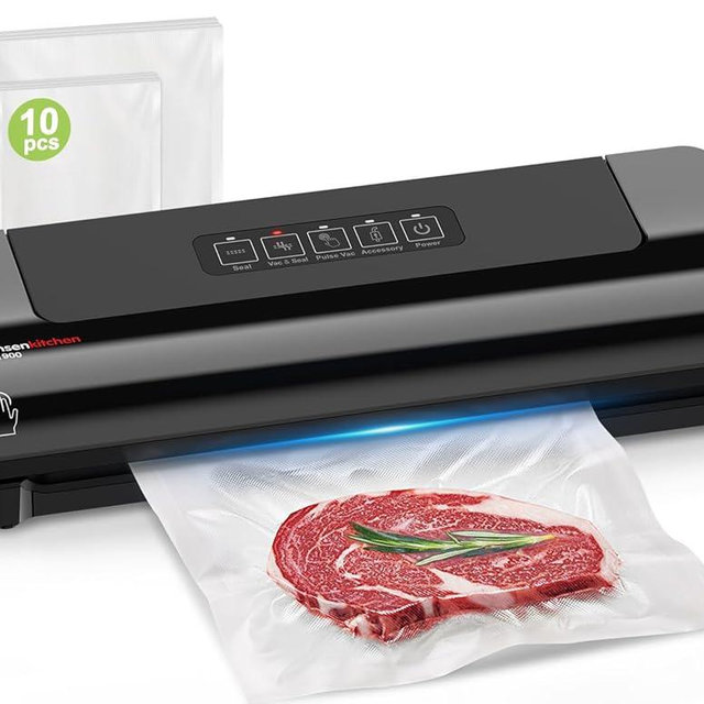 Bonsenkitchen Vacuum Sealer Machine Multi-Functional Food Sealer with 10 Vacuum Bags, Fast-Compact Design, External Vacuum System & Accessory Tube for Freshness Preservation