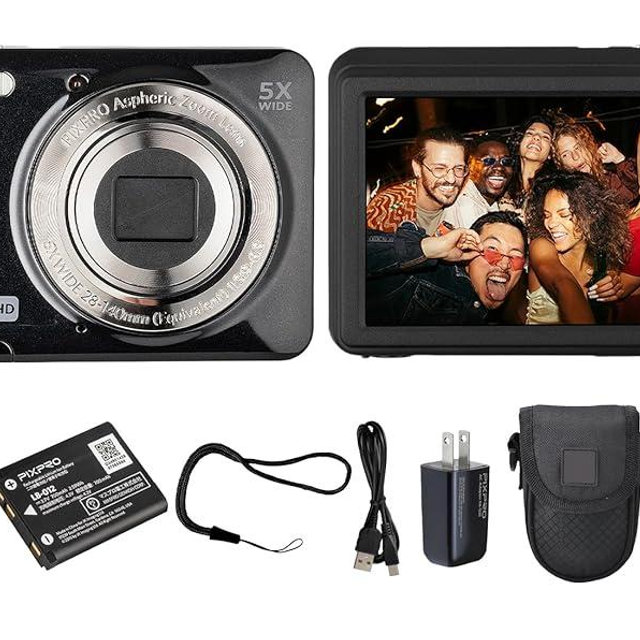 Kodak PIXPRO FZ55 Digital Camera (Black) | 16MP Sensor, 5X Optical Zoom, 28mm Wide-Angle Lens & Full HD Video | Great for Travel & Beginner Photography (FZ55BK) + 32GB Card + Case + Cleaning Cloth