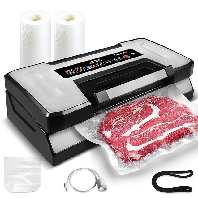 Vakumar Vacuum Sealer Machine, 90Kpa Food Saver Vacuum Sealer Machine Preservation Dry/Moist /Liquid Modes, LED Indicator Light, Handle Locked Design, Built-in Cutter and Bag Storage, Starter Kit