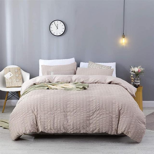 Estoulen Duvet Cover Full / Queen Size, 100% Washed Microfiber Bedding Set 3 Piece, Soft and Luxury Stripe Textured Seersucker Duvet Cover with Zipper Closure & Corner Ties (Khaki, Full / Queen)