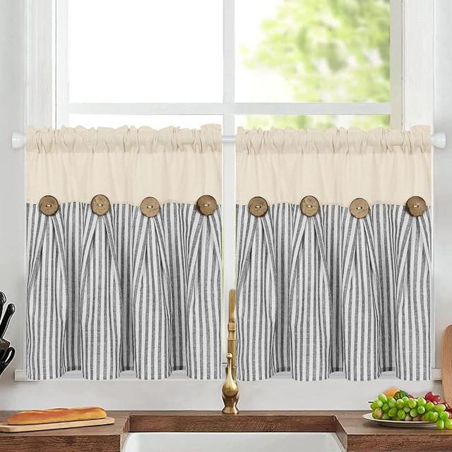 Cotton Linen Farmhouse Kitchen Curtains 24 Inch Boho Rustic Button Tier Curtains Natural and Dark Grey Stripe Color Block Curtain Rod Pocket Small Window Curtain for Cafe Bathroom Bedroom Drapes