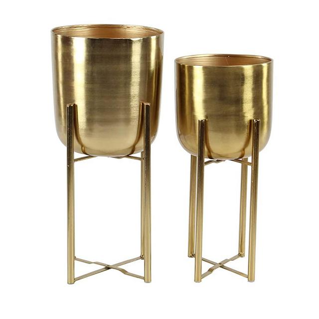 CosmoLiving by Cosmopolitan 51924 Large, Round, Indoor/Outdoor Metallic Gold Metal Planters in Gold Stands | Set of 2: 11” x 22” & 10” x 19”