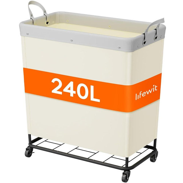 Lifewit 240L Laundry Basket with Wheels, Large Heavy Duty Commercial Rolling Laundry Hamper with Handles, Tall Steel Frame Laundry Cart for Laundry Room Bedroom Hotel Home Dorm, White