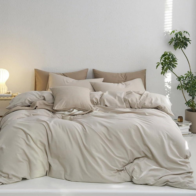 MooMee King Duvet Cover Set, 100% Washed Cotton Linen Like Twill Thick Sturdy Material Super Soft Breathable Durable Bedding for All Season, 3 Pieces (Cream Grey, King 104"x90")