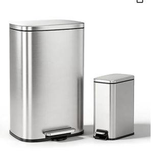 13 Gallon Trash Can (50L) and 1.6 Gallon (6L) Kitchen Trash Can Combo Set, Stainless Steel Garbage Can with Lid and Step-on Pedal, Soft Close Waste Bin with Inner Bucket for Home & Office